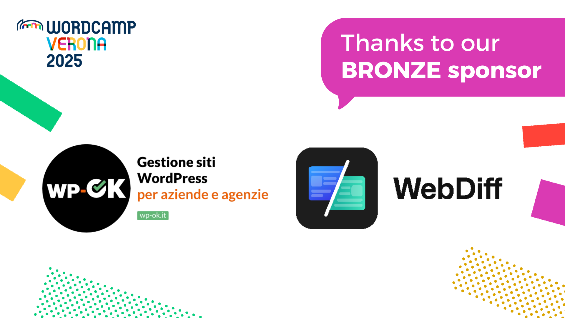 Grazie a WebDiff e WP-OK, sponsor Bronze di WordCamp Verona 2025